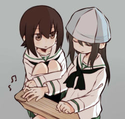 Rule 34 | 10s, 2girls, alternate costume, beamed quavers, black neckerchief, blouse, blue hat, brown eyes, brown hair, closed eyes, fud, girls und panzer, green skirt, grey background, hat, holding, holding instrument, instrument, kantele, light smile, long hair, long sleeves, looking at another, mika (girls und panzer), miniskirt, multiple girls, musical note, neckerchief, nishizumi maho, ooarai school uniform, parted lips, pleated skirt, quaver, school uniform, serafuku, shirt, short hair, simple background, skirt, squatting, standing, white shirt