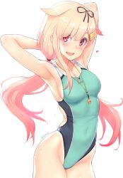 Rule 34 | 1girl, :d, aqua one-piece swimsuit, armpits, arms up, blonde hair, blush, breasts, collarbone, competition swimsuit, dan (kumadan), hair between eyes, hair flaps, hair ornament, hair ribbon, hairclip, heart, highleg, highleg swimsuit, highres, kantai collection, lips, long hair, looking at viewer, low twintails, medium breasts, one-piece swimsuit, open mouth, red eyes, ribbon, sideboob, simple background, smile, solo, swimsuit, twintails, whistle, whistle around neck, white background, yuudachi (kancolle), yuudachi kai ni (kancolle)