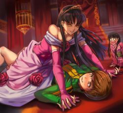 Rule 34 | 3girls, absurdres, amagi yukiko, bare shoulders, black hair, blush, brown hair, dark persona, dress, dual persona, elbow gloves, evil smile, eye contact, flower, girl on top, gloves, highres, imminent ntr, interlocked fingers, japanese clothes, jersey, kimono, looking at another, lying, multiple girls, on back, open mouth, persona, persona 4, pink dress, pink kimono, pinned, rose, satonaka chie, shadow (persona), shadow yukiko, smile, straddling, throne room, tiara, toasty scones, wavy mouth, yellow eyes, you gonna get raped, yuri