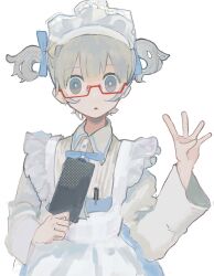Rule 34 | 1girl, absurdres, apron, blue ribbon, blunt bangs, collared shirt, dot nose, glasses, highres, holding, lonelyninny, long sleeves, looking at viewer, maid, maid apron, maid headdress, neck ribbon, original, pastel colors, pen in pocket, red-framed eyewear, ribbon, screentones, semi-rimless eyewear, shirt, short hair, signature, simple background, solo, spread fingers, triangle mouth, twintails, under-rim eyewear, upper body, white background