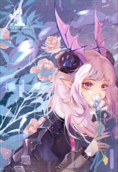 Rule 34 | 1girl, absurdres, arknights, black jacket, blue nails, covered mouth, covering own mouth, earmuffs, fingernails, flower, hand up, head wings, highres, holding, holding flower, jacket, leaf, long hair, long sleeves, manticore (arknights), manticore (invisible dirge) (arknights), nail polish, pink eyes, pink flower, pink hair, pink rose, pointy ears, procreate (medium), rhodes island logo (arknights), rose, simisimi, solo, upper body, wings