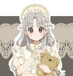 1girl 22/7 blush bow bowtie braid closed_mouth dress frilled_dress frills grey_eyes grey_hair hair_bow headdress highres holding holding_stuffed_toy long_hair nagamine_kaede parted_bangs short_sleeves side_braid single_braid solo stuffed_animal stuffed_toy tanpaku_(oqu_2) teddy_bear upper_body wavy_hair yellow_bow yellow_bowtie yellow_dress