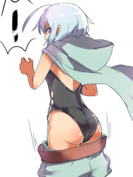 Rule 34 | !, 1girl, ahoge, ass, cloak, clothes pull, earrings, flathead screwdriver (ole tower), from behind, hood, hooded cloak, impact driver minus (ole tower), jewelry, leotard, mataichi mataro, ole tower, purple eyes, short hair, silver hair, skirt, skirt pull, solo, spoken exclamation mark