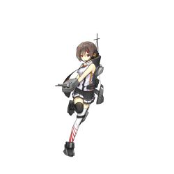 Rule 34 | 1girl, asymmetrical legwear, ayanami (warship girls r), black thighhighs, brown eyes, brown hair, full body, hair ornament, hairclip, headset, looking at viewer, mismatched legwear, necktie, official art, pleated skirt, short hair, skirt, solo, thighhighs, transparent background, warship girls r