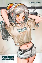 Rule 34 | 1girl, :d, arms behind head, arms up, black choker, breasts, brown shirt, canking, choker, clothes hanger, clothes writing, collarbone, crop top, english text, grey hair, hairband, looking at viewer, midriff, navel, open mouth, orange eyes, orange hairband, original, parted bangs, ponytail, shirt, short shorts, shorts, small breasts, smile, solo, thick eyebrows, twitter username, white shorts