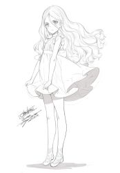 Rule 34 | 1girl, ankle socks, artist name, character name, character request, choker, clothes lift, copyright request, dated, dress, dress lift, frilled sleeves, frills, full body, greyscale, hair between eyes, highres, long hair, looking at viewer, monochrome, ooyari ashito, parted bangs, parted lips, print socks, simple background, sketch, sleeveless, slippers, socks, solo, standing, wavy hair, white background