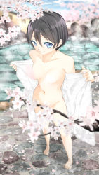 Rule 34 | 1girl, black hair, cherry blossoms, convenient censoring, highres, i4pictorem, looking at viewer, naked towel, onsen, saitou ena, short hair, solo, towel, undressing, yurucamp