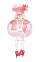 Rule 34 | 1girl, absurdres, baifeidaiwang, bow, buttons, choker, commentary, dress, footwear bow, frilled dress, frilled socks, frills, full body, gloves, hair bow, high heels, highres, kaname madoka, kneehighs, magical girl, mahou shoujo madoka magica, mahou shoujo madoka magica (anime), pink dress, pink eyes, pink hair, puffy short sleeves, puffy sleeves, red choker, red footwear, shoes, short hair, short sleeves, short twintails, simple background, socks, solo, soul gem, standing, symbol-only commentary, twintails, white background, white gloves, white socks
