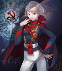 Rule 34 | 1girl, albino, asa (y-asa), cape, communism, cyrillic, finger to mouth, hammer and sickle, hand on own hip, md5 mismatch, military, military uniform, original, red eyes, russian text, short twintails, silver hair, solo, soviet, twintails, uniform