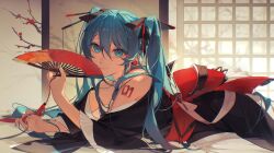 Rule 34 | 1girl, absurdres, arm tattoo, black bow, black kimono, blue hair, blue nails, bow, closed mouth, hair between eyes, hair bow, hand fan, hatsune miku, highres, holding, holding fan, indoors, japanese clothes, kimono, long hair, lying, makeup, mascara, nail polish, number tattoo, nyansky, on stomach, smile, solo, tattoo, twintails, very long hair, vocaloid
