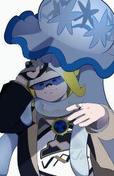 Rule 34 | 1boy, absurdres, arm up, black-framed eyewear, blue-tinted eyewear, blue eyes, brown jacket, closed mouth, collared shirt, commentary request, creatures (company), game freak, gen 7 pokemon, gordie (pokemon), hand up, highres, jacket, jewelry, male focus, mira (miramita8727), multicolored hair, necklace, nihilego, nintendo, pokemon, pokemon (creature), pokemon swsh, ring, shirt, simple background, smile, sunglasses, tentacles, tinted eyewear, two-tone hair, ultra beast, white background