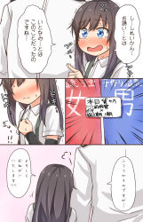 Rule 34 | 1boy, 1girl, admiral (kancolle), arm warmers, asashio (kancolle), black hair, blue eyes, blush, comic, comiching, commentary request, highres, kantai collection, long hair, noren, nose blush, shirt, short sleeves, suspenders, translation request, upper body, white shirt