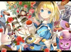Rule 34 | 1girl, alice (alice in wonderland), alice in wonderland, apron, back bow, bad id, bad pixiv id, black ribbon, blonde hair, blue dress, blue eyes, book, bow, card, checkerboard cookie, cheshire cat (alice in wonderland), commentary, cookie, crown, cup, dodo (bird), dress, flower, food, glasses, hair ribbon, hat, hat ornament, heart, heart print, highres, holding, holding cup, instrument, letterboxed, looking at viewer, neck ruff, pantyhose, piyo (sqn2idm751), playing card, pocket watch, puffy short sleeves, puffy sleeves, queen of hearts (alice in wonderland), rabbit, red dress, red ribbon, ribbon, rose, saucer, scepter, short hair, short sleeves, smile, striped clothes, striped legwear, striped pantyhose, tea, teacup, trumpet, watch, white bow, white rabbit (alice in wonderland)
