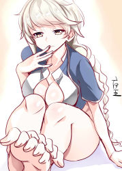 Rule 34 | 10s, 1girl, arm support, bare legs, barefoot, braid, breasts, cleavage cutout, clothing cutout, feet, feet together, female focus, hand to own mouth, kantai collection, kksukeke, large breasts, long hair, looking at viewer, midriff, silver hair, single braid, sitting, smile, soles, solo, thighs, toes, unryuu (kancolle), very long hair, yellow eyes