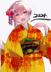 Rule 34 | 1girl, 2024, absurdres, black sash, blue eyes, colored tips, floral print, go-toubun no hanayome, hair ornament, hands up, highres, japanese clothes, kanzashi, kimono, long sleeves, looking at viewer, multicolored hair, nail polish, nakano ichika, nununu (nununu386), obi, open mouth, orange nails, pink hair, print kimono, sash, short hair, solo, upper body, wide sleeves, yellow kimono
