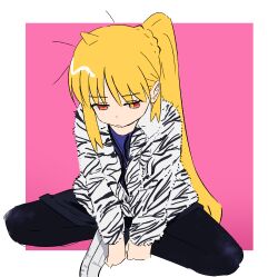 Rule 34 | 1girl, ahoge, animal print, bad id, bad twitter id, black pants, blonde hair, bocchi the rock!, border, closed mouth, commentary, english commentary, highres, ijichi nijika, jacket, kerorira, long hair, long sleeves, looking at viewer, pants, pink background, red eyes, shoes, side ponytail, sitting, solo, white border, white footwear, white jacket