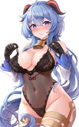 Rule 34 | 1girl, absurdres, ahoge, bare shoulders, bell, blue hair, blush, breasts, cleavage, covered navel, ganyu (genshin impact), genshin impact, highleg, highleg leotard, highres, horns, large breasts, leotard, long hair, looking at viewer, nipples, oxenia, purple eyes, see-through, simple background, solo, thighs, white background