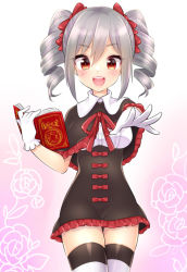 Rule 34 | 10s, 1girl, :d, bad id, bad pixiv id, blush, book, capelet, drill hair, gloves, idolmaster, idolmaster cinderella girls, kanzaki ranko, looking at viewer, open mouth, red eyes, ribbon, short hair, silver hair, smile, solo, thighhighs, trente, twin drills, twintails, white gloves, zettai ryouiki