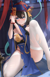 Rule 34 | 1girl, ass, azur lane, black hair, blue dress, blue eyes, blush, bound, bound wrists, breast curtains, breasts, cleavage, detached collar, detached sleeves, dress, hat, highres, hwah jah (azur lane), hwah jah (the festive undead) (azur lane), jiangshi costume, knee up, large breasts, looking at viewer, multicolored hair, official alternate costume, ofuda, pelvic curtain, qingdai guanmao, qing wu, restrained, short hair, sitting, skindentation, solo, streaked hair, talisman, thighhighs, torn clothes, torn dress, torn thighhighs, white thighhighs, wide sleeves