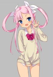 Rule 34 | 1girl, artist request, blue eyes, clothes tug, koihime musou, long hair, no pants, pink hair, ribbon, shirt, smile, solo, sonshoukou, sweater, sweater tug, thighs, twintails, very long hair, waving