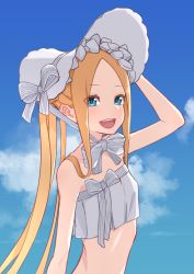 Rule 34 | 1girl, abigail williams (fate), abigail williams (swimsuit foreigner) (fate), abigail williams (swimsuit foreigner) (third ascension) (fate), absurdres, bare shoulders, bikini, blonde hair, blue sky, bonnet, bow, breasts, fate/grand order, fate (series), forehead, highres, kopaka (karda nui), long hair, looking at viewer, multiple bows, open mouth, parted bangs, sidelocks, sky, small breasts, smile, solo, swimsuit, twintails, very long hair, white bikini, white bow, white headwear