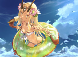 Rule 34 | 1girl, :p, bandeau, bare shoulders, bikini, blonde hair, blue sky, breasts, butt crack, cleavage, cloud, cloudy sky, commentary request, cowboy shot, day, duplicate, earrings, facial mark, fate/grand order, fate (series), flower, food, from above, front-tie bikini top, front-tie top, gluteal fold, hair flower, hair ornament, highres, horns, ibaraki douji (fate), ice cream, ice cream cone, innertube, jewelry, leaning forward, long hair, looking at viewer, looking up, md5 mismatch, navel, redjuice, resolution mismatch, revision, side-tie bikini bottom, sidelocks, sky, small breasts, solo, source smaller, swim ring, swimsuit, tattoo, tongue, tongue out, very long hair, yellow eyes