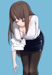 Rule 34 | 1girl, bent over, black pantyhose, black skirt, blue background, breasts, brown hair, cleavage, closed eyes, closed mouth, commentary request, feet out of frame, highres, holding, holding paper, id card, large breasts, long hair, long sleeves, misoca 30, office lady, original, pantyhose, paper, pencil skirt, reaching, reaching towards viewer, shirt, simple background, skirt, smile, solo, standing, white shirt