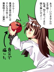 Rule 34 | 1girl, animal ears, apple, bad id, bad pixiv id, brown hair, dress, duke tougou, fingernails, food, frilled sleeves, frills, fruit, golgo 13, green background, grey background, holding, holding food, holding fruit, imaizumi kagerou, long sleeves, oimo (imoyoukan), oimonocake, red eyes, sparkle, tail, touhou, translation request, wolf ears, wolf tail