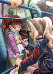 Rule 34 | 10s, 2girls, abazu-red, alternate costume, alternate hairstyle, blonde hair, blue eyes, blue jacket, blunt bangs, brand name imitation, brown eyes, brown hair, brown shorts, character name, child, commentary request, girls und panzer, highres, holding, hood, hoodie, jacket, kay (girls und panzer), logo parody, long hair, long sleeves, marker, multiple girls, open clothes, open jacket, open mouth, pink jacket, ponytail, red bull, shirt, shorts, signature, signing, smile, squatting, twitter username, white shirt