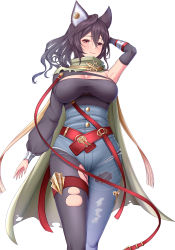 Rule 34 | 1girl, absurdres, arm at side, arm warmers, armpits, asymmetrical clothes, black hair, black legwear, black shirt, blush, breasts, cape, capelet, cloak, commentary request, cowboy shot, cutoffs, denim, ear piercing, erune, granblue fantasy, hair between eyes, highres, ilsa (granblue fantasy), impossible clothes, jeans, large breasts, long hair, looking at viewer, melopun, pants, piercing, ponytail, puffy sleeves, red eyes, shirt, single pantsleg, single sleeve, skindentation, smile, solo, standing, torn clothes, torn jeans, torn pants, white background