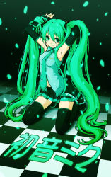 Rule 34 | 1girl, absurdres, aqua eyes, bad id, bad pixiv id, checkered floor, colorized, ginta, hatsune miku, highres, long hair, necktie, perspective, skirt, solo, thighhighs, twintails, vocaloid