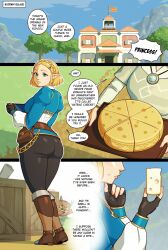 Rule 34 | 2girls, absurdres, ass, blonde hair, breasts, cheese, day, food, from behind, highres, looking at another, multiple girls, nintendo, princess zelda, solo, standing, the legend of zelda, the legend of zelda: tears of the kingdom