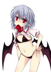 Rule 34 | 1girl, akisome hatsuka, alternate costume, bat wings, bikini, bikini under clothes, black bikini, dress, flat chest, leaning forward, light purple hair, looking at viewer, low wings, midriff, mouth hold, pink dress, pointy ears, red eyes, remilia scarlet, short hair, side-tie bikini bottom, slit pupils, stomach, swimsuit, swimsuit under clothes, touhou, w, wings