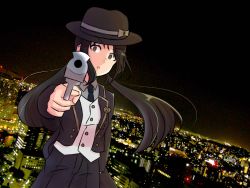 Rule 34 | 1girl, artist request, black bow, black hair, black headwear, black jacket, black neckwear, black pants, black ribbon, bow, brown eyes, city, cityscape, collared jacket, empty eyes, expressionless, fedora, female focus, formal, gangster, gun, hat, hat bow, hat ribbon, headwear request, highres, holding, holding gun, holding weapon, idolmaster, idolmaster cinderella girls, jacket, long hair, long image, long twintails, looking at viewer, low twintails, nakano yuka, namco, neck, necktie, night, night sky, open mouth, outdoors, pants, pointing, pointing at viewer, ribbon, sky, standing, suit, tall image, twintails, weapon
