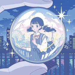 Rule 34 | 1girl, album cover, blue eyes, blue hair, closed mouth, collared shirt, com (idol group), cover, dress, ferris wheel, marble (toy), medium hair, neck ribbon, night, night sky, official art, outdoors, pinafore dress, ribbon, school uniform, shirt, sky, sleeveless, sleeveless dress, solo, sparkle, standing, twintails, white shirt, yoshimon