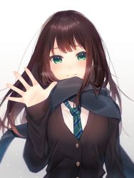Rule 34 | 1girl, black cardigan, brown hair, cardigan, closed mouth, floating hair, green eyes, green necktie, grey scarf, highres, idolmaster, idolmaster cinderella girls, long hair, long sleeves, looking at viewer, necktie, nozawa noko, outstretched hand, scarf, shibuya rin, sleeves past wrists, smile, solo, straight hair, striped necktie, white background