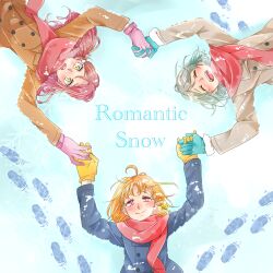 Rule 34 | 3girls, ahoge, blue gloves, blue jacket, blush, bow, braid, brown jacket, closed eyes, clover hair ornament, coat, commentary request, english text, footprints, gloves, grey hair, hair bow, hair ornament, hairclip, highres, holding hands, interlocked fingers, jacket, kashikaze, long hair, long sleeves, love live!, love live! sunshine!!, lying, multiple girls, on back, open mouth, orange hair, pink eyes, pink gloves, red hair, red scarf, sakurauchi riko, scarf, short hair, side braid, smile, snow, takami chika, watanabe you, winter clothes, yellow bow, yellow eyes, yellow gloves, yuri