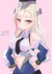 Rule 34 | 1girl, absurdres, black necktie, blonde hair, blue jacket, breasts, collared shirt, dress shirt, hands on own hips, hat, highres, hizaka, jacket, kantai collection, large breasts, long hair, massachusetts (kancolle), military uniform, multicolored hair, necktie, off shoulder, one-hour drawing challenge, red eyes, red hair, shirt, sleeveless, sleeveless shirt, solo, streaked hair, uniform, upper body, white shirt