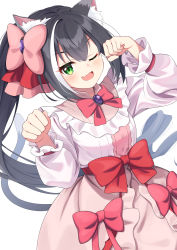 Rule 34 | 1girl, ;d, animal ear fluff, animal ears, black hair, blush, bow, breasts, brown skirt, cat ears, cat girl, cat tail, commentary request, fang, green eyes, hair between eyes, hair bow, hands up, highres, karyl (princess connect!), long hair, medium breasts, multicolored hair, one eye closed, open mouth, paw pose, pink bow, ponytail, princess connect!, red bow, shirt, simple background, skirt, smile, solo, streaked hair, syurimp, tail, very long hair, white background, white hair, white shirt