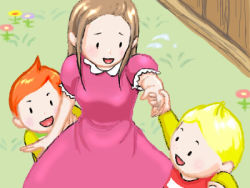 Rule 34 | 1girl, 2boys, :d, blonde hair, blush, brown hair, claus (mother 3), dress, flower, grass, holding hands, hinawa, looking back, lowres, lucas (mother 3), mother (game), mother 3, multiple boys, nintendo, oekaki, open mouth, outdoors, pink dress, plant, quiff, short sleeves, sidelocks, smile, upper body