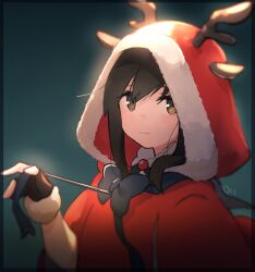 Rule 34 | 1girl, animal costume, antlers, black gloves, black hair, blue bow, blue bowtie, bow, bowtie, closed mouth, fingerless gloves, fubuki (kancolle), gloves, green eyes, highres, hood, hood up, horns, kantai collection, looking at viewer, ma rukan, reindeer antlers, reindeer costume, short hair, signature, smile, solo, upper body