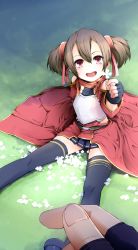 Rule 34 | 10s, 1girl, armor, black thighhighs, breastplate, brown hair, fingerless gloves, flower, gloves, grass, highres, looking at viewer, momo (higanbana and girl), open mouth, pov, red eyes, short twintails, silica, sitting, smile, solo focus, sword art online, thighhighs, twintails, weapon