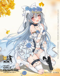 Rule 34 | 1girl, barefoot, blue flower, blue rose, blush, brown eyes, burnt clothes, character name, copyright name, corset, dress, elbow gloves, feet, finger to mouth, flower, full body, ginkgo leaf, ginkgo tree, girls&#039; frontline, gloves, grey hair, gun, haijin, handgun, highres, holding, holding gun, holding weapon, index finger raised, kneeling, lace, lace-trimmed legwear, lace trim, leaf, long hair, no shoes, official alternate costume, official art, open mouth, panties, petals, pistol, rose, smile, solo, thigh strap, thighhighs, thighs, toeless legwear, toes, tokarev (a couple&#039;s journey) (girls&#039; frontline), tokarev (girls&#039; frontline), torn clothes, torn dress, torn gloves, torn thighhighs, trigger discipline, underwear, veil, weapon, white gloves, white panties, white thighhighs