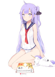 Rule 34 | 1girl, ahoge, azur lane, bare arms, bare legs, bare shoulders, black ribbon, blue sailor collar, breasts, closed mouth, collarbone, commentary request, groin, hair bun, hair ribbon, highres, kugua mianju, long hair, no pants, one-piece swimsuit, one side up, purple eyes, purple hair, red neckwear, ribbon, sailor collar, side bun, sidelocks, single hair bun, single side bun, sitting, small breasts, solo, stuffed animal, stuffed pegasus, stuffed toy, stuffed unicorn, stuffed winged unicorn, swimsuit, translation request, unicorn (azur lane), very long hair, wariza, wet, wet clothes, white one-piece swimsuit