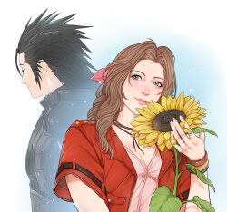 Rule 34 | 1boy, 1girl, aerith gainsborough, armor, bangle, black hair, bracelet, breasts, brown hair, choker, cleavage, closed mouth, crisis core final fantasy vii, crylin6, earrings, final fantasy, final fantasy vii, final fantasy vii rebirth, final fantasy vii remake, flower, green eyes, hair ribbon, highres, holding, holding flower, jacket, jewelry, light blush, lips, long hair, open clothes, open jacket, parted bangs, pink ribbon, red jacket, ribbon, short sleeves, shoulder armor, sleeveless, sleeveless turtleneck, small breasts, smile, spiked hair, stud earrings, sunflower, suspenders, sweater, turtleneck, turtleneck sweater, upper body, zack fair