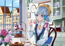 Rule 34 | 1girl, ayaka (genshin impact), blue dress, blue eyes, blue hair, blush, braid, butterfly hair ornament, collar, commentary request, cup, drawing (object), dress, flower, flower pot, food, genshin impact, hair flower, hair ornament, hair up, hat, hat flower, hat ribbon, highres, holding, holding cup, indoors, kamisato ayaka, kamisato ayaka (springbloom missive), light blue hair, long sleeves, mole, mole under eye, official alternate costume, official alternate hairstyle, open mouth, puffy long sleeves, puffy sleeves, ribbon, shiroichigo, smile, solo, sweets, table, teacup, teapot, twin braids, white collar, white ribbon, window