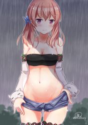Rule 34 | .live, 1girl, bandeau, bare shoulders, blurry, blurry background, blush, breasts, cleavage, closed mouth, cloud, cloudy sky, collarbone, commentary, cowboy shot, denim, denim shorts, elbow gloves, gloves, groin, hair between eyes, hair ornament, highres, kitakami futaba, long hair, looking at viewer, low twintails, medium breasts, midriff, namae hamada, navel, outdoors, pink hair, purple eyes, rain, short shorts, shorts, signature, sky, smile, solo, star (symbol), star hair ornament, stomach, strapless, thighhighs, tube top, twintails, virtual youtuber, water drop, wet, zettai ryouiki