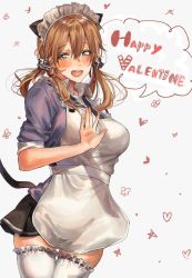 Rule 34 | 1girl, alternate costume, anchor hair ornament, animal ears, apron, aqua eyes, blonde hair, blush, breasts, cat ears, cat tail, hair ornament, heart, highres, inusaka, kantai collection, long hair, looking at viewer, maid, maid apron, maid headdress, open mouth, pleated skirt, prinz eugen (kancolle), purple shirt, shirt, skirt, smile, solo, tail, thighhighs, twintails, valentine, white thighhighs