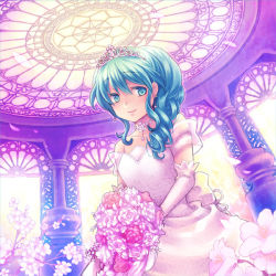 Rule 34 | alternate hairstyle, aqua eyes, aqua hair, bad id, bad pixiv id, bouquet, bride, cherry blossoms, choker, curly hair, dress, earrings, elbow gloves, flower, gloves, hatsune miku, jewelry, moc, necklace, rose, smile, solo, tiara, vocaloid, wedding dress