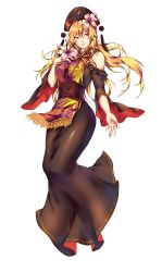 Rule 34 | 1girl, absurdres, black dress, blonde hair, breasts, chinese clothes, clothing cutout, crescent, dress, flower, full body, hair flower, hair ornament, hat, hibiscus, highres, junko (touhou), kagari6496, large breasts, long hair, parted lips, red eyes, sash, shoulder cutout, simple background, smile, solo, tabard, touhou, transparent background, wide sleeves